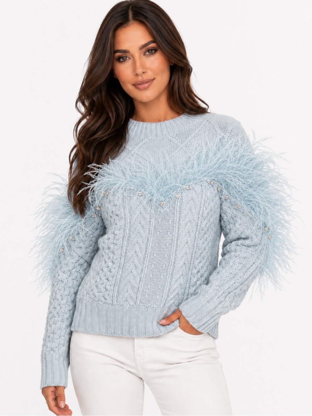 NWT MIPINGE Blue Feather Trim Rhinestone Cable Knit Sweater Size S